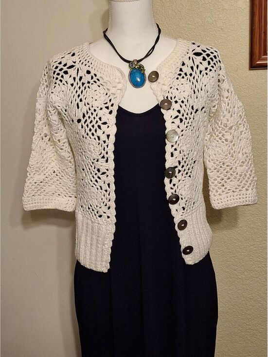 Sweaters - Rico Handknits Y2K Cream Crochet Cardigan Sweater Size S